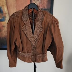 G-III Vintage Brown Leather Cropped Blazer Embroidered Grunge Chic M